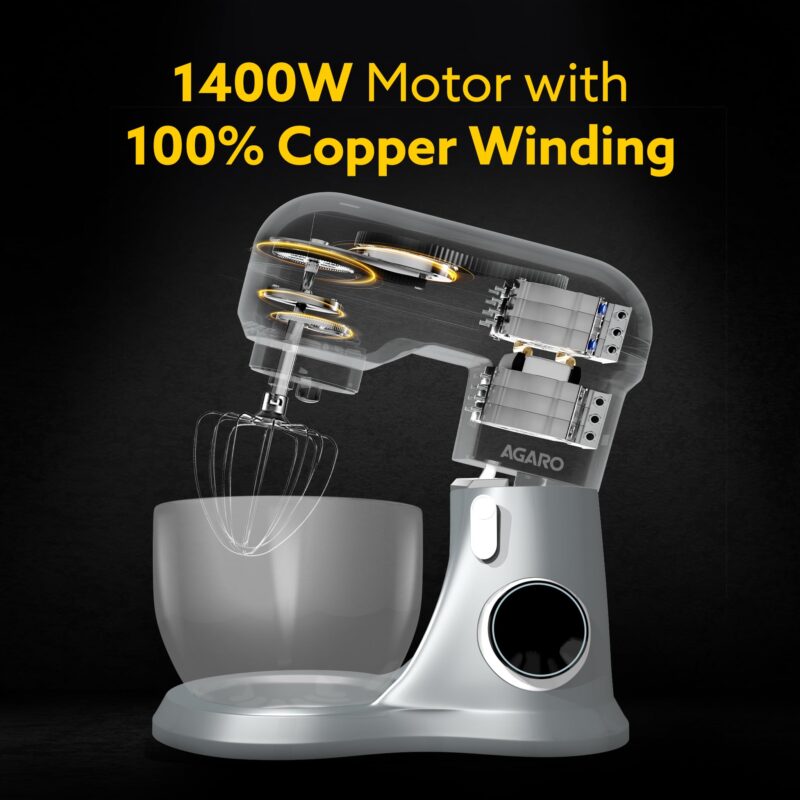 AGARO Elegant Stand Mixer, 1400W with 5.5L SS Bowl, 10 Speed Settings, Pulse Function, 100% Copper Motor, Includes Whisker, Beater, Dough Hook, Dark Grey - Image 5