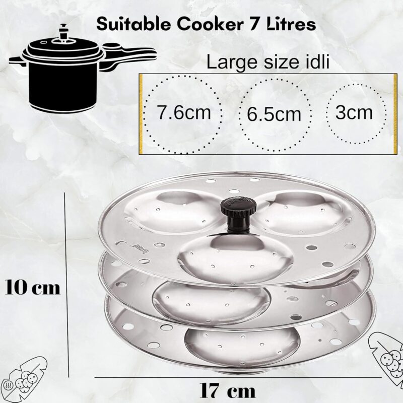 Blluex Stainless Steel Heavy Quality Idli Stand For 5 Liter above Cooker Idli Maker Makes 9 Medium Size Idlis At Once With Stand Kitchen Tool 3 Plates - Silver - Image 6