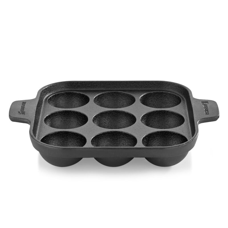 Bergner Eco Cast Iron Square Paniyarakkal with 9 Pits, Loha Paniyaram/Appam Pot, Pre-Seasoned Finishing, Even Heat Distribution, Corrosion Resistant, Comes with Silicone Sleeves - Induction Bottom