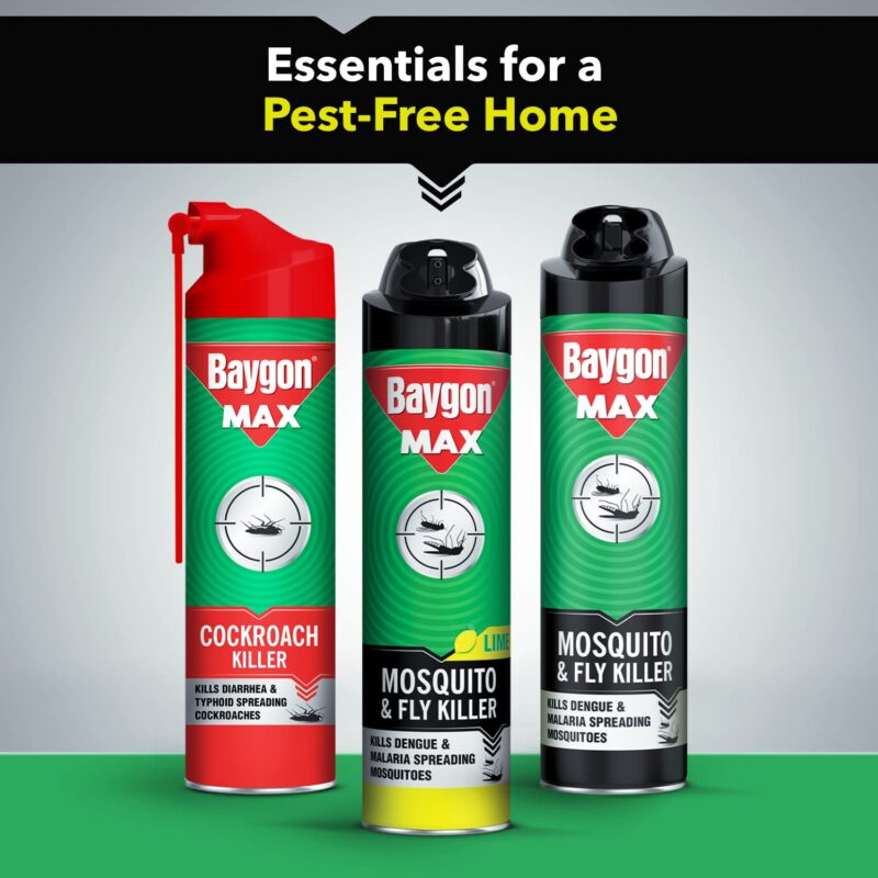 Baygon Max Mosquito and Fly Killer Spray, 625ml | Lime Fragrance | Instant Mosquito Repellent | Kills Dengue & Malaria Spreading Mosquitoes | With Double Nozzle Technology for 30% Wider Coverage - Image 4