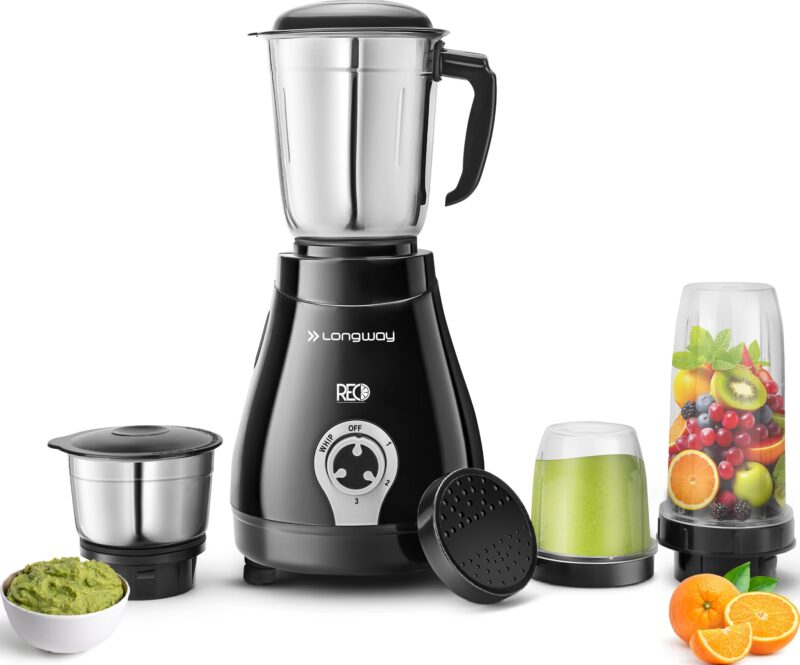 Longway Reo 550 Watt Mixer Grinder with 4 Jars for Grinding, Mixing, Blending, Juicing with Powerful Motor | 1 Year Warranty | (Black & Gray,4 Jars)