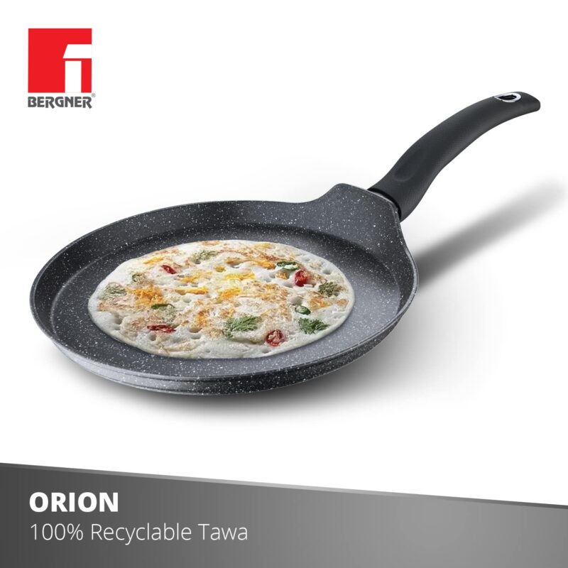 Bergner Orion NonStick 26 cm Tawa/ Dosa Pan, 100% Recyclable, For Low Oil Paratha/Dosa/Uttapam/Pancake/ Crepe/Eggs/Toasts, Textured Soft Touch Handle, Granite Finish, Induction & Gas ready, 1-Year Warranty - Image 8