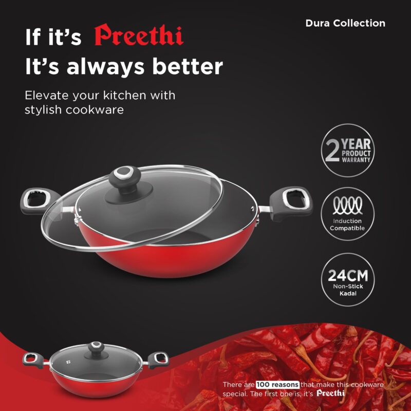 ‎Preethi Dura Collection Non Stick Kadai, 24 cm, with Glass Lid, Gas & Induction Compatible, 5 Star Non Stick Effect, Chilly Red - Image 5