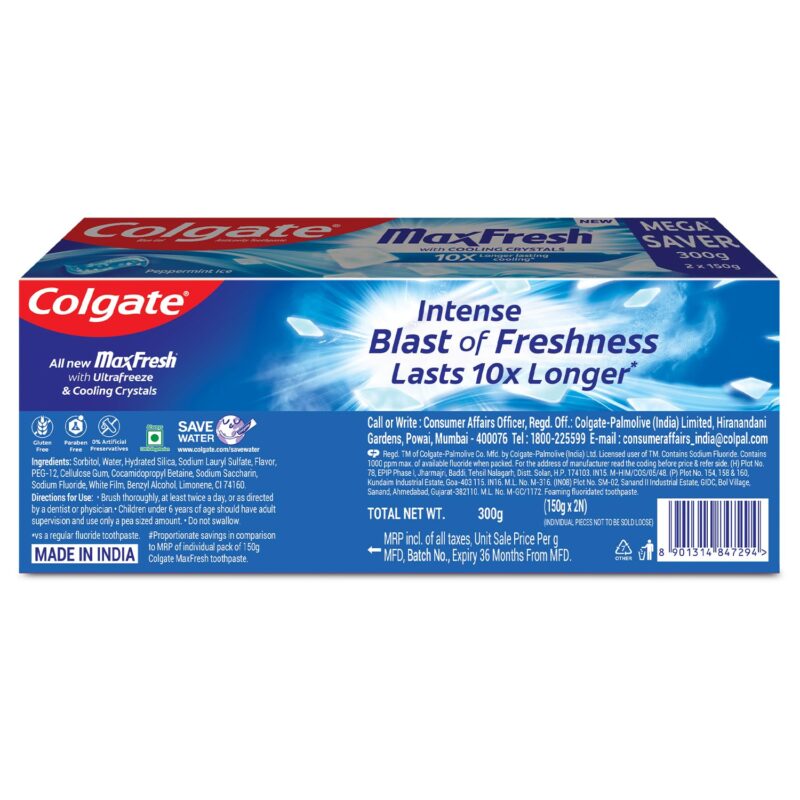 Colgate MaxFresh Toothpaste, Blue Gel Tooth Paste with Menthol for Super Fresh Breath, 300g, 150g X 2 (Peppermint Ice, Combo Pack Offer) - Image 2