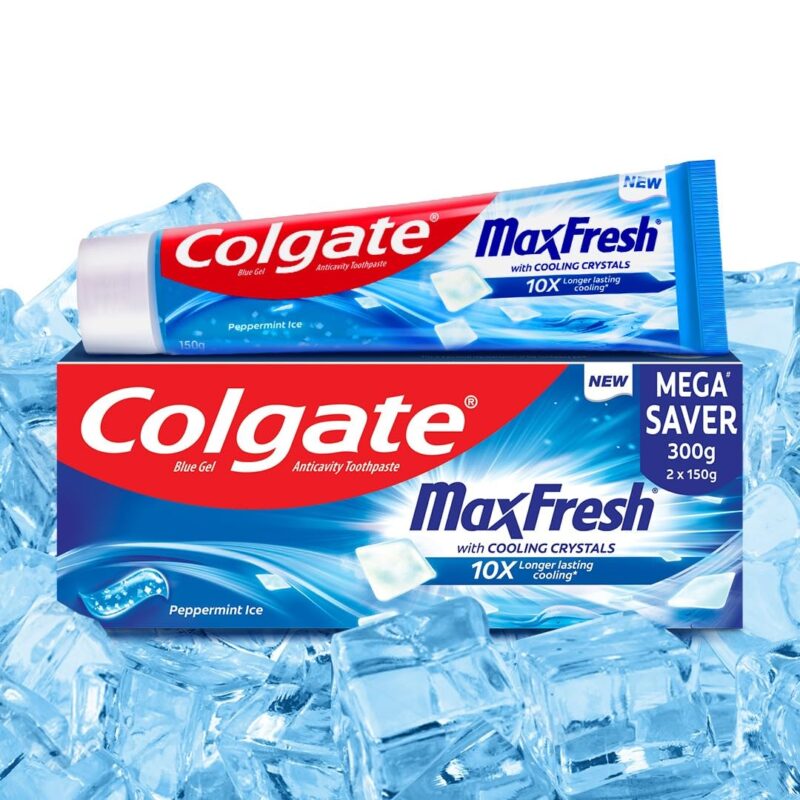 Colgate MaxFresh Toothpaste, Blue Gel Tooth Paste with Menthol for Super Fresh Breath, 300g, 150g X 2 (Peppermint Ice, Combo Pack Offer)