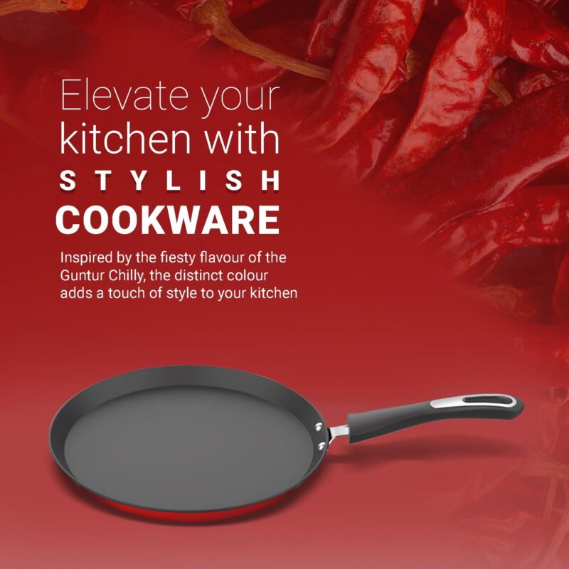 ‎Preethi Dura Collection Non Stick Tawa, 28 cm, Gas & Induction Compatible, 5 Star Non Stick Effect, Chilly Red - Image 3
