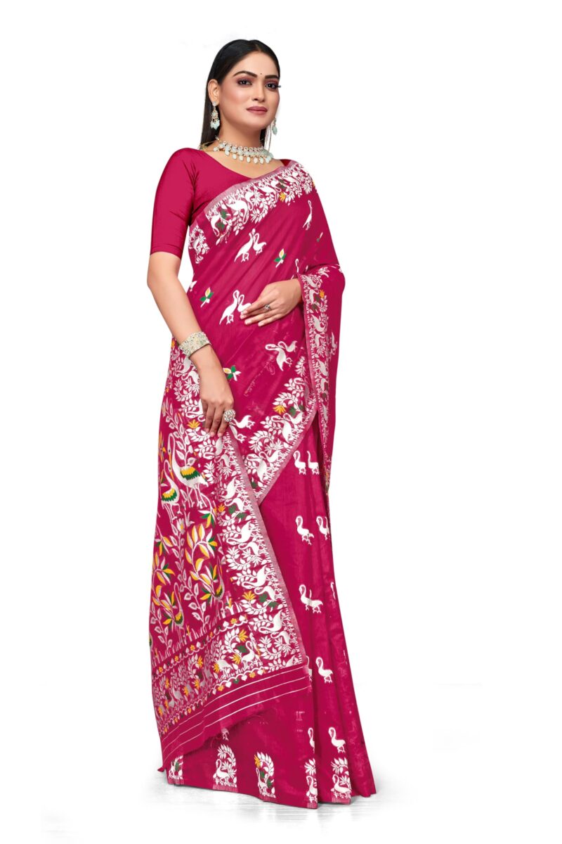 BROYAAR SHOP Jamdani Designer Cotton Blend Silk Saree for Women Without Blouse (Rani) - Image 4
