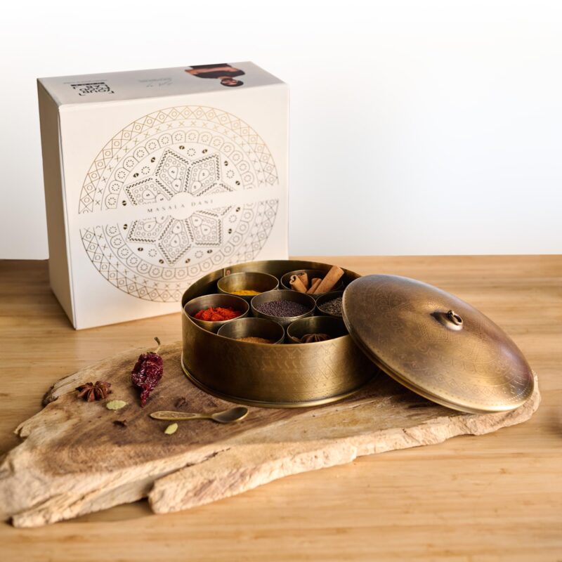 YFL HOME Brass Spice Box for Kitchen with Spoon (Pure Brass, 7 Detachable containers, 100 ML) | Masala box for Kitchen | Spice Storage Container | Stylish Masala Dani for gift