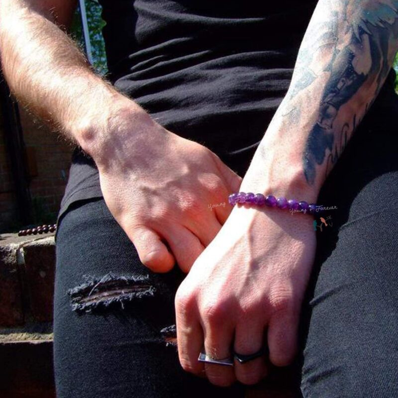 Young & Forever Gift Energized Reiki Crystal Semi Precious Gemstone Amethyst Bracelet for Purification Healing Stone Stretch Bracelet for Men and Women - Image 3