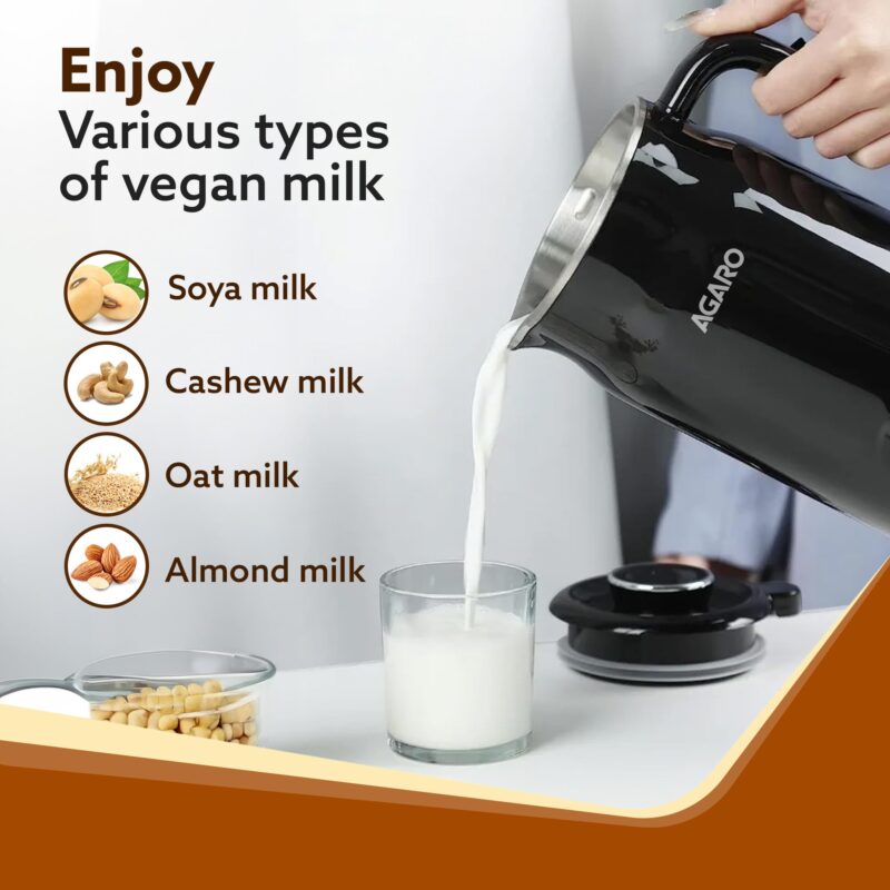 AGARO Regency Automatic Nut Milk Maker, Vegan Milk Machine, Make Vegan Milk From Nuts, Almonds, Soya, Oats etc, Boil Water, Juice, Cereals, Stainless Steel Body, 600ml, Black - Image 5