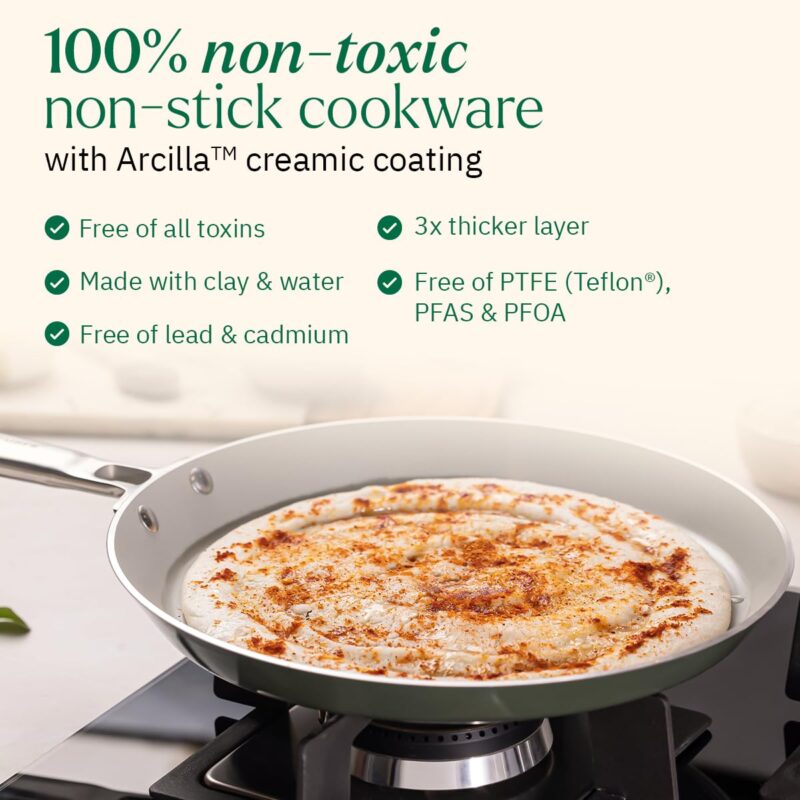 Ember Cookware Arcilla Ceramic Non Stick Dosa Tawa 28cm | Stainless Steel Handle | 1x Spatula | Induction Safe | Non Toxic Tawa | PFAS & PTFE Free | Capri Series | Green - Image 5