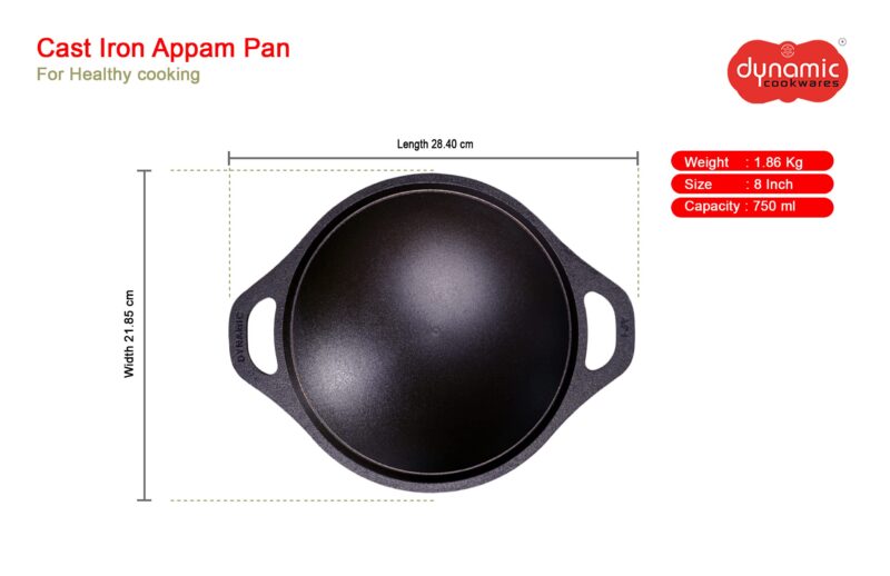 DYNAMIC COOKWARES Premium Pre-Seasoned Even matt Finish Cast Iron Appam Pan 8 Inch/22.05 cm | Gas Compatible | Naturally Nonstick Appam Patra/Chatti/Kallu/Palappam Pan, 100% Pure & Toxin-Free, Black - Image 6
