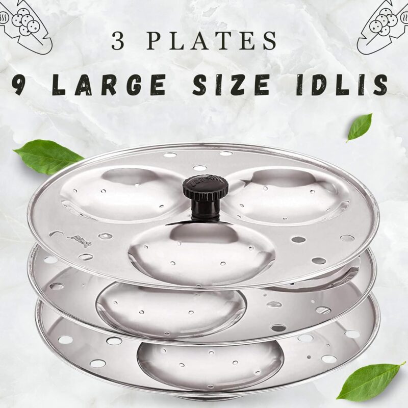 Blluex Stainless Steel Heavy Quality Idli Stand For 5 Liter above Cooker Idli Maker Makes 9 Medium Size Idlis At Once With Stand Kitchen Tool 3 Plates - Silver - Image 7
