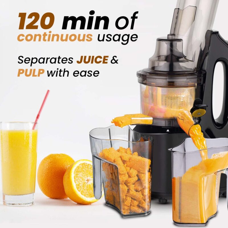 AGARO Royal Slow Juicer, Professional Cold Press Whole Slow Juicer, 240 Watts Power Motor, 120 Minutes Long Usage, 3 Strainers, All-in-1 Fruit & Vegetable Juicer, Black - Image 7