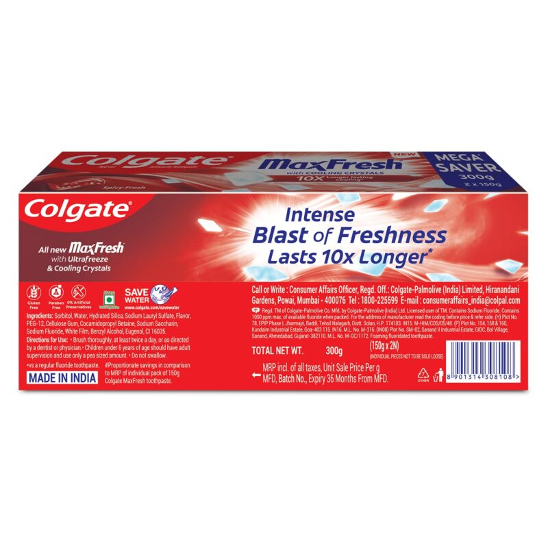 Colgate MaxFresh Toothpaste, Red Gel Tooth Paste with Menthol for Super Fresh Breath, 300g, 150g X 2 (Spicy Fresh) (Combo Pack Offer) - Image 2