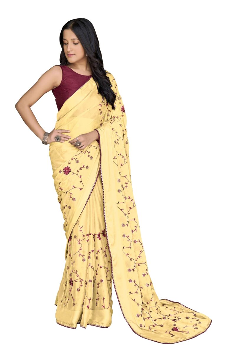MANOHARI Yellow Poly Georgette Sequence And Embroidery Saree With Blouse Piece_Mn1923 - Women