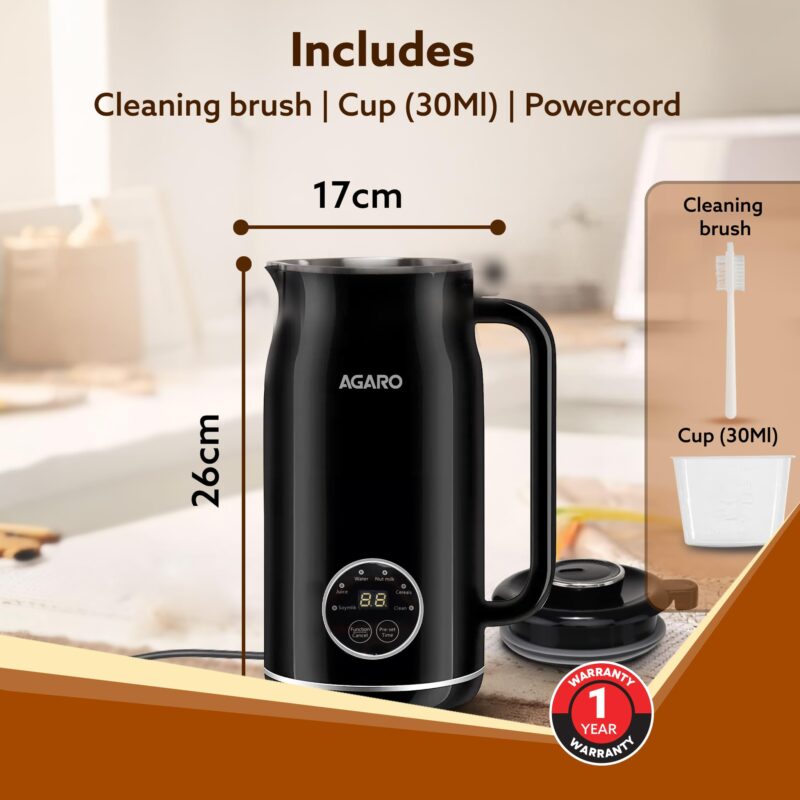 AGARO Regency Automatic Nut Milk Maker, Vegan Milk Machine, Make Vegan Milk From Nuts, Almonds, Soya, Oats etc, Boil Water, Juice, Cereals, Stainless Steel Body, 600ml, Black - Image 2