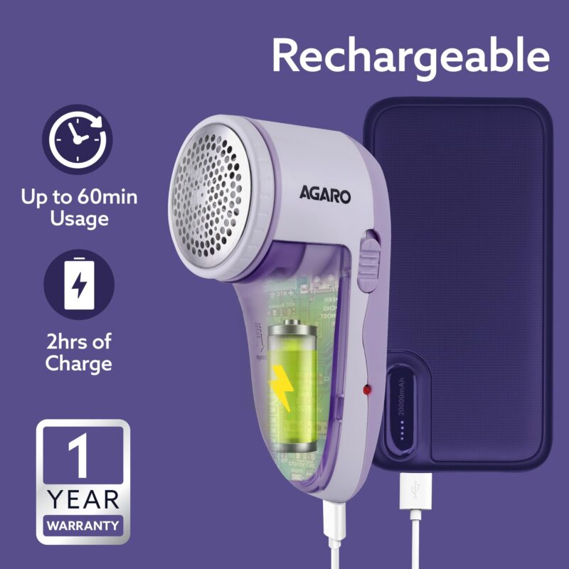 AGARO 2419 Lint Remover, Electric Fabric Shaver, Rechargeable, Stainless Steel Blades, Portable, Multi-Functional Fuzz Remover from Woollen Sweaters, Coat, Blankets, Jackets, Carpets, Burr Remover - Image 11