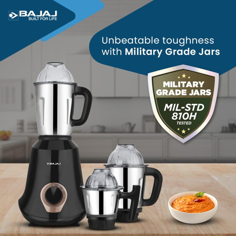 Bajaj Military Series Glamore 4 Jar 1000 Watts Mixer Grinder | 3-Speed Control With Pulse Effect Mixie| 2 Years Warranty | Jet Black - Image 5