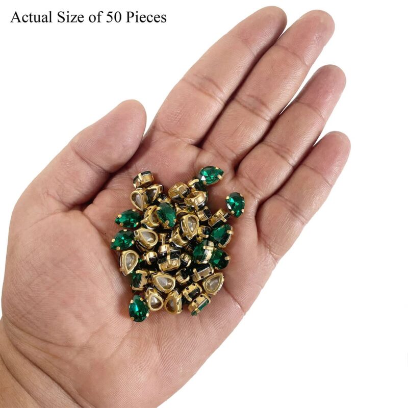 EmbroideryMaterial Emerald Green Shiny Sew on Rhinestones/Gem Stones Sewing Crystals Stone Beads for Jewellery Making, Embroidery, Craft, Sewing Purpose (Size: 7X10MM, Pack of 50 Pieces, Teardrop Shape) - Image 3