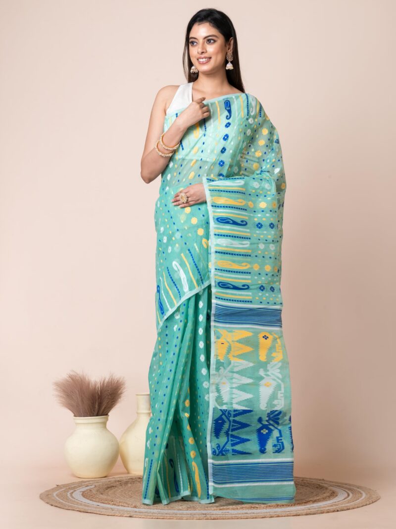Aishwarya Sarees Women's Jamdani Cotton Sarees For Women Soft Dhakai Jamdani Bengal Pure Handloom Saree for Women. dhakai jamdani sarees for women (Sea Green) - Image 4