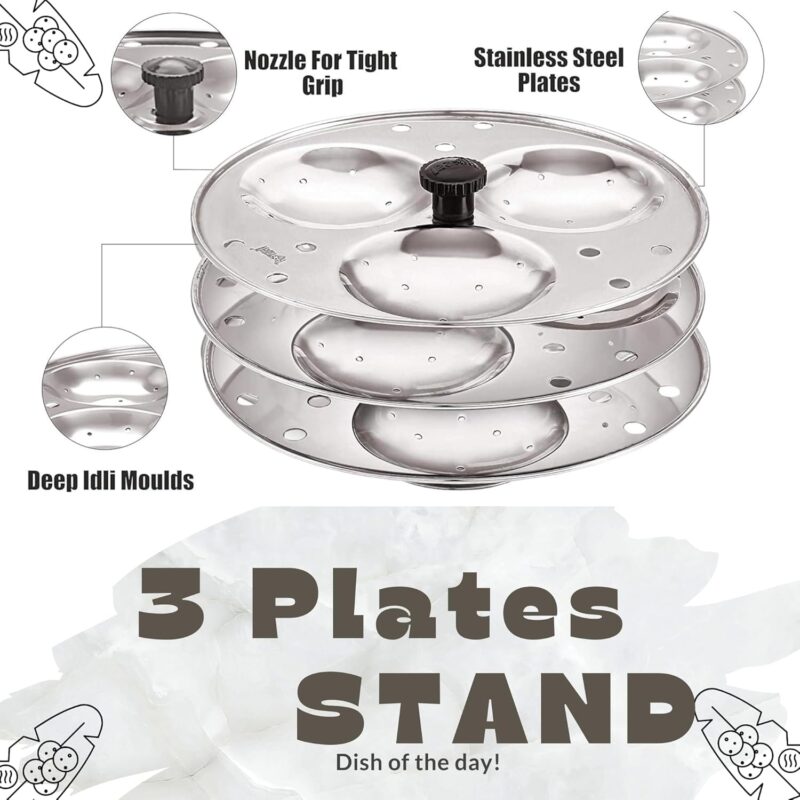 Blluex Stainless Steel Heavy Quality Idli Stand For 5 Liter above Cooker Idli Maker Makes 9 Medium Size Idlis At Once With Stand Kitchen Tool 3 Plates - Silver - Image 8