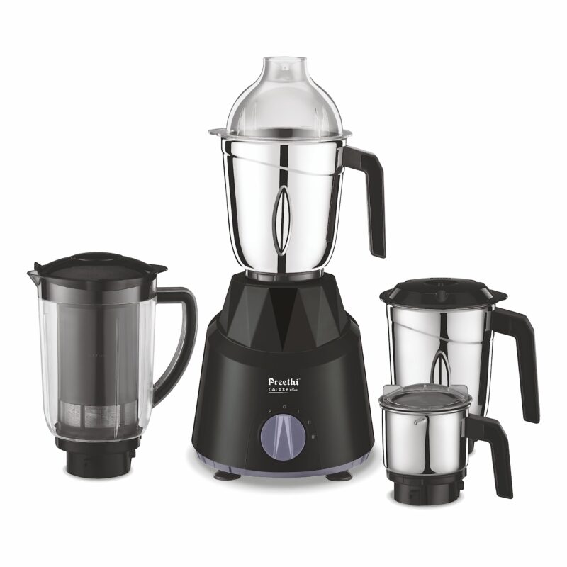 Preethi Galaxy Plus Mixer Grinder for Kitchen - 4 Jars 750 Watt Mixie (3 Stainless steel Jars+1 Super Extractor Juicer Jar), Flexi lids, Vega W5 motor, Black (MG-250)