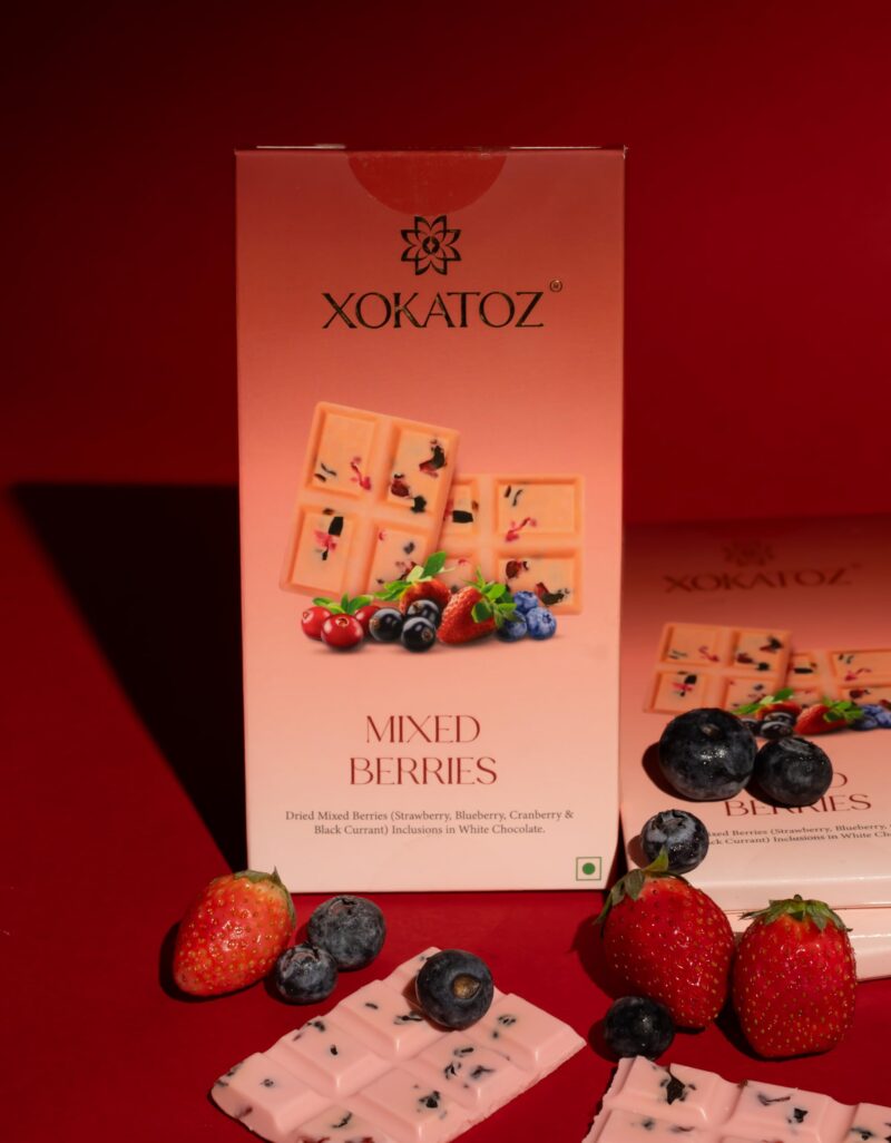 XOKATOZ Exotic Premium Chocolate - 1 Mixed Berries and 1 Kesar Pista Flavours - Flavoured White Chocolate Bars - Gift Set- Pack of 2, 150g (75g x 2) - Image 6