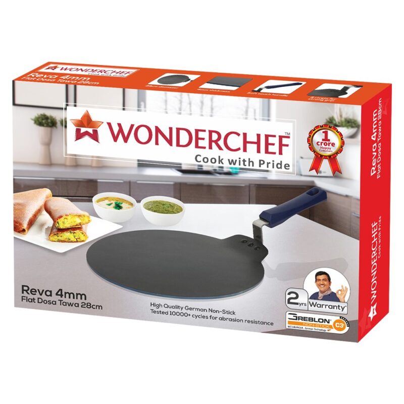 Wonderchef Reva Flat Aluminum Nonstick Dosa Tawa | 28cm Non Stick Tawa | 4mm | Black - Image 2