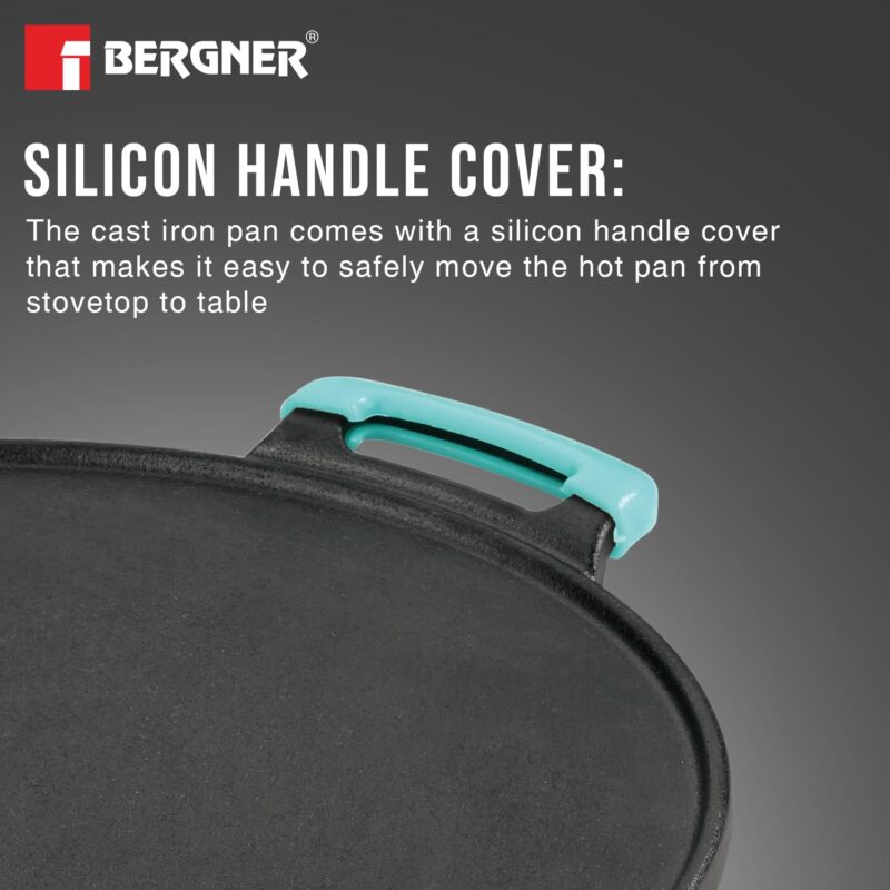 Bergner Eco Cast Iron 30cm Dosa Tawa, Pre-Seasoned, Large Loha Tawa for Dosa, Even Heat Distributor, Retains Heat to Enhance Flavor, Comes with Silicone Sleeve - Induction Base and Gas Stove Ready - Image 3