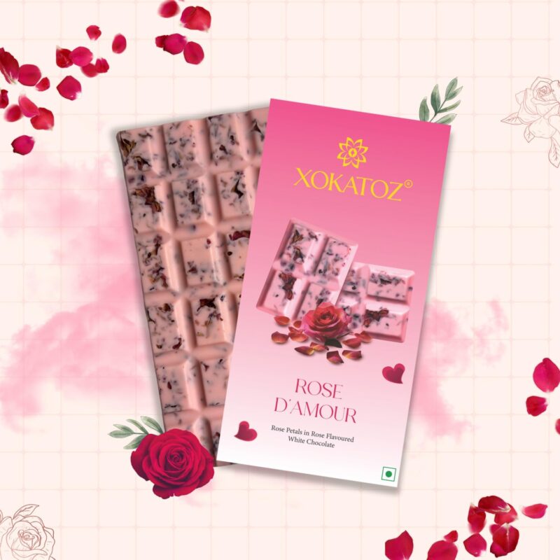 XOKATOZ Exotic Premium Chocolate - 1 Rose D’Amour + 1 Alphonso Mango Flavour - Flavoured White Chocolate Bars - Gift Set - Pack of 2, 150 gm (75gm X 2) - Image 6
