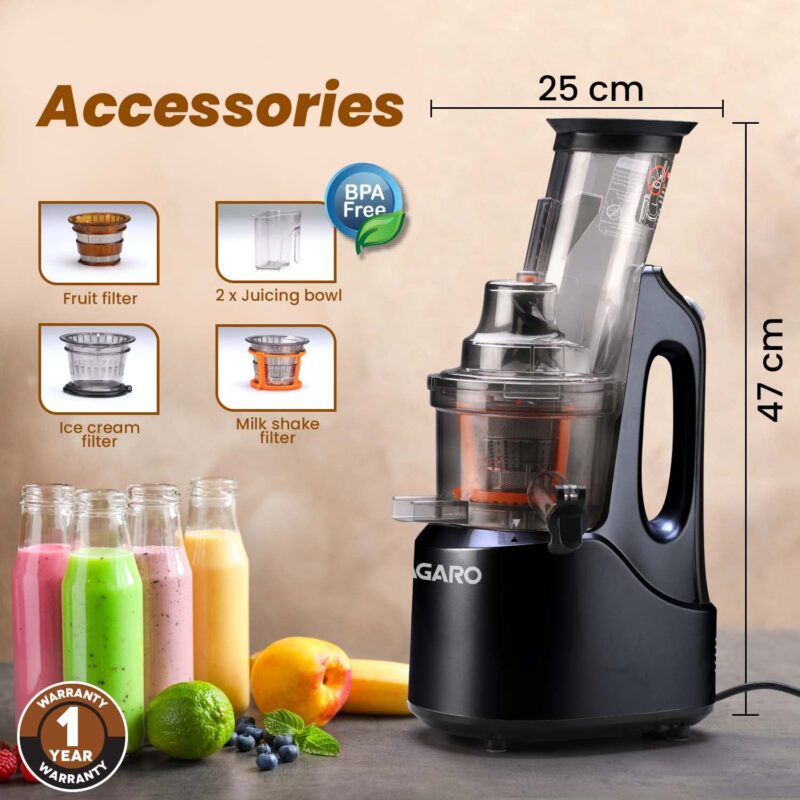 AGARO Royal Slow Juicer, Professional Cold Press Whole Slow Juicer, 240 Watts Power Motor, 120 Minutes Long Usage, 3 Strainers, All-in-1 Fruit & Vegetable Juicer, Black - Image 2