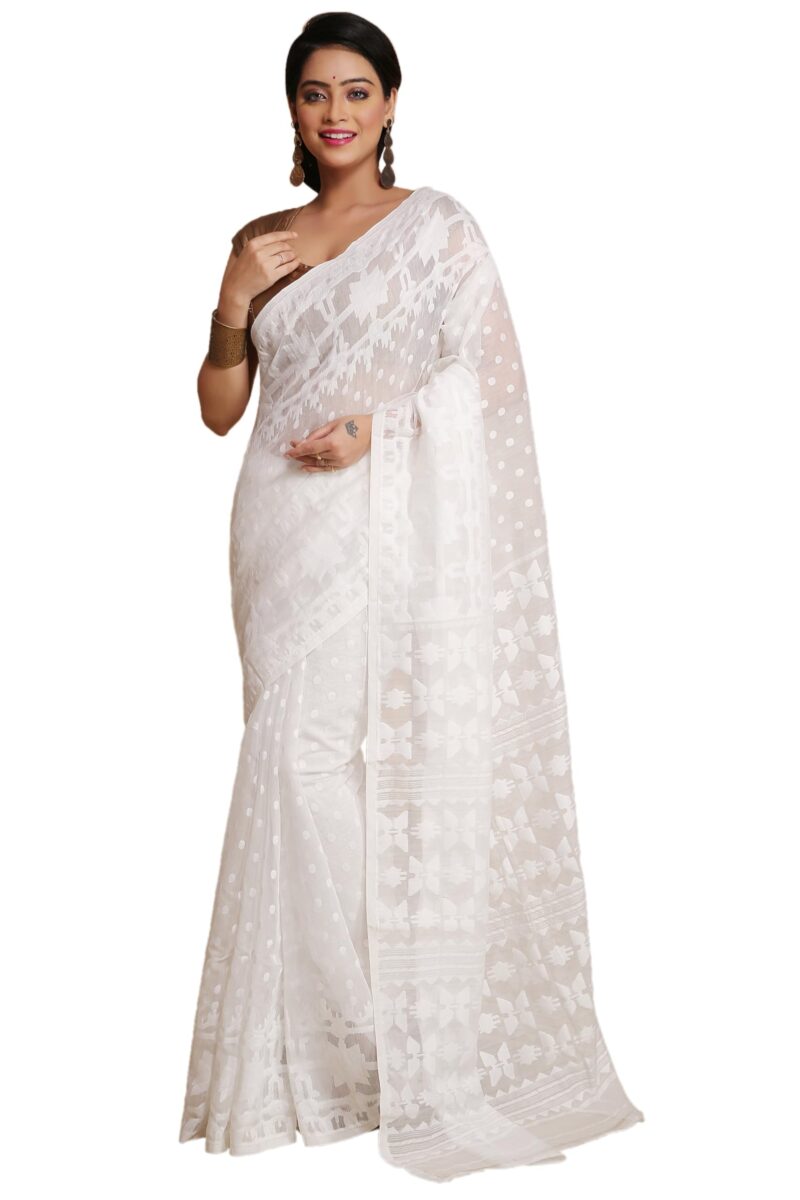 BENGAL HANDLOOM Women'S Cotton Silk Dhakai Softs Vojadi Dhakai Jamdani Sarees (Wite White)