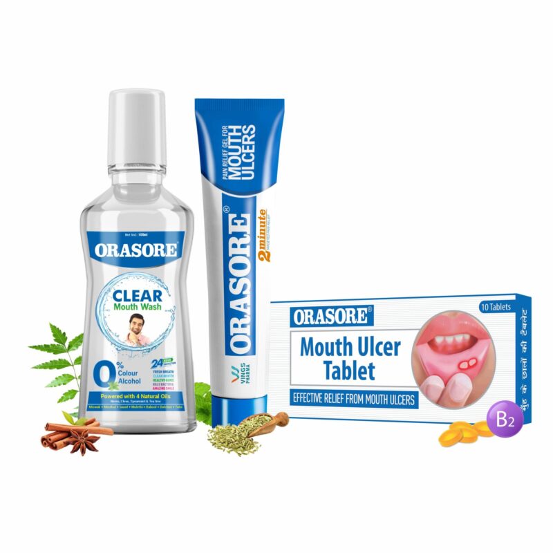 ORASORE Ultimate Oral Care Combo Pack With 1 Unit Each Of Mouth Ulcer Gel 12Gm, Mouth Ulcer Tablets (10) With Free Pen And Clear Mouth Wash (100Ml)