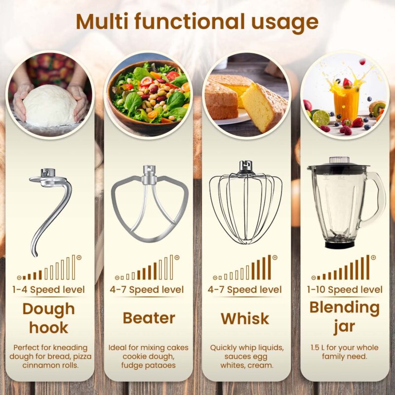 AGARO Imperial Stand Mixer,1400W with 6L SS Bowl, 1.5L Blending Jar,10 Speed With Pulse Function, 100% Copper Motor, Includes Blending Jar, Whisker, Beater, Dough Hook, Egg White Separator, Black - Image 6