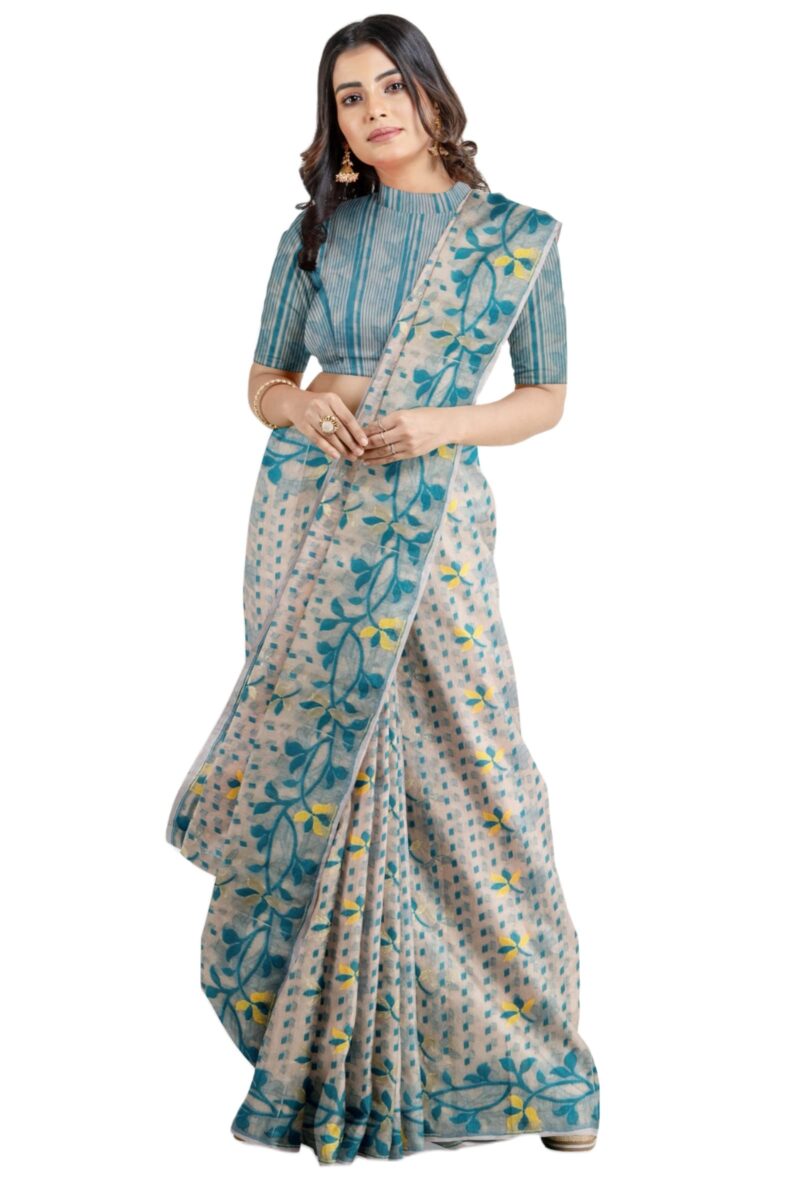Ankita SAREE HOUSE Women's Jamdani Cotton Silk Saree Without Blouse Piece (ASH_Biscuit_132_Biscuit)