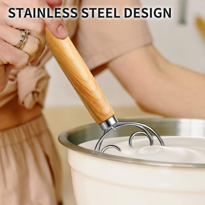 (More Efficient) TeeVea Danish Dough Whisk Stainless Steel Dutch Style Bread Dough Hand Mixer Blender Wooden Handle Kitchen Baking Tools Artisian Blender - Image 5