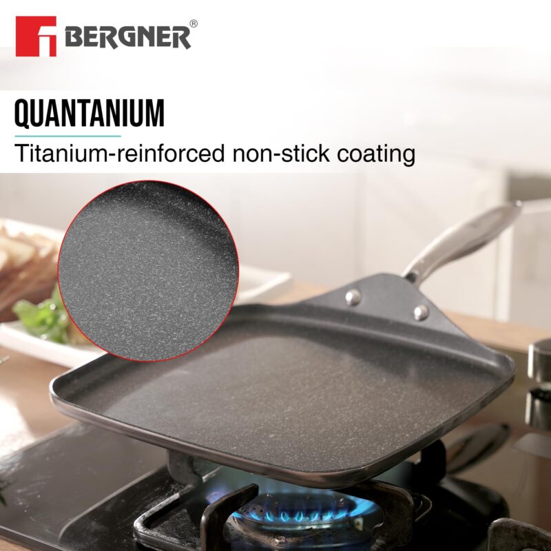 BERGNER Argent Samsara Triply Stainless Steel 27cm Square Multi Tawa with Quantanium Non-Stick Coating, Consumes Less Oil, Healthy Cooking, Even and Fast Heating, Easy to Clean - Induction Compatible - Image 4