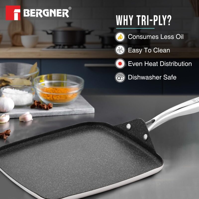 BERGNER Argent Samsara Triply Stainless Steel 27cm Square Multi Tawa with Quantanium Non-Stick Coating, Consumes Less Oil, Healthy Cooking, Even and Fast Heating, Easy to Clean - Induction Compatible - Image 5