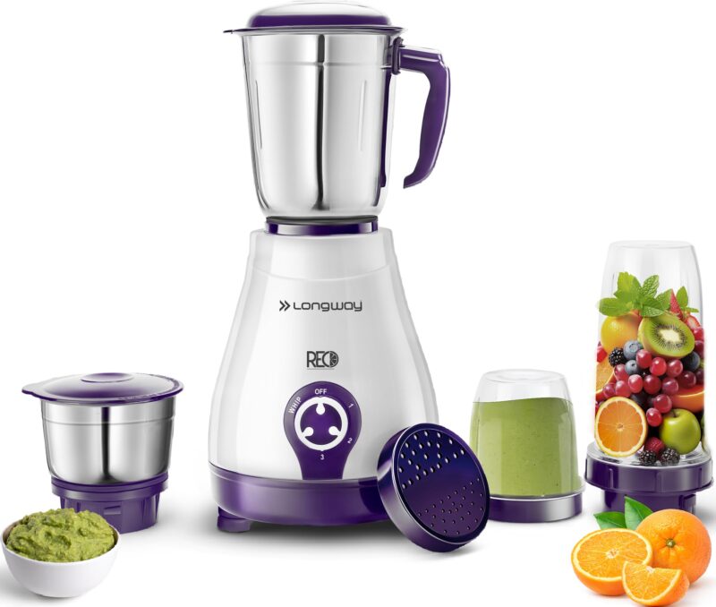 Longway Reo 550 Watt Mixer Grinder with 4 Jars for Grinding, Mixing, Blending, Juicing with Powerful Motor | 1 Year Warranty | (Purple, 4 Jars)