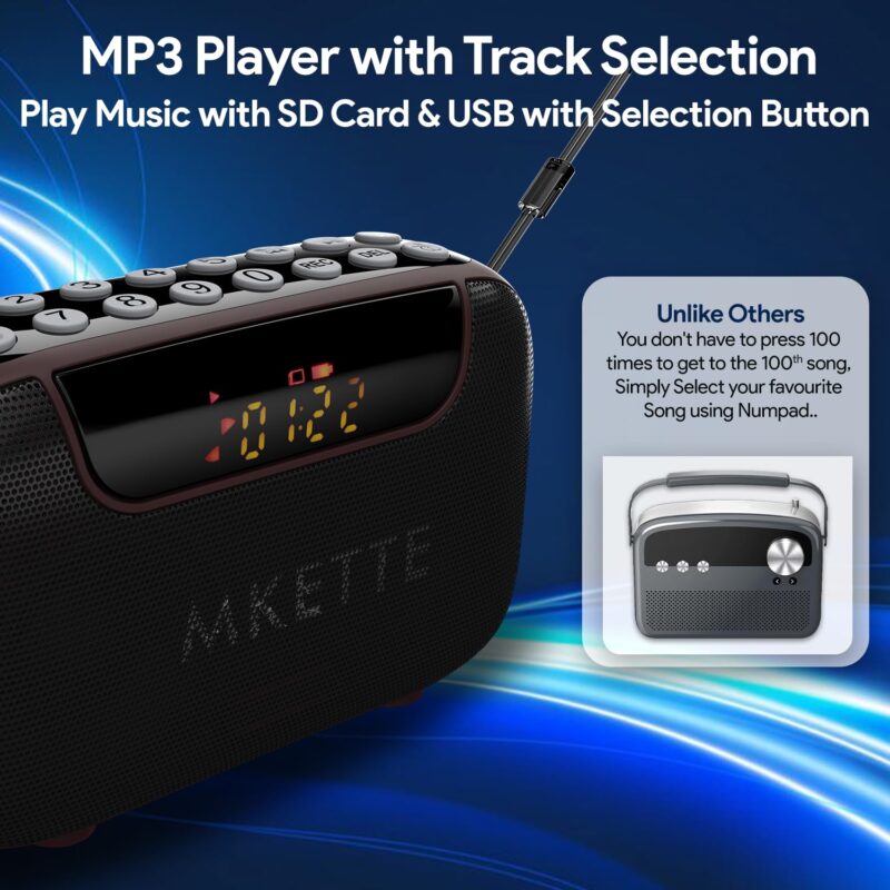 Amkette Pocket Blast 5 in 1 FM Radio with Bluetooth, Powerful Sound, Voice & FM Recording, External Antenna, 7+ Hours Playback, MP3 Player with Number Pad (AUX, SD Card, USB Input) (Brown) - Image 4
