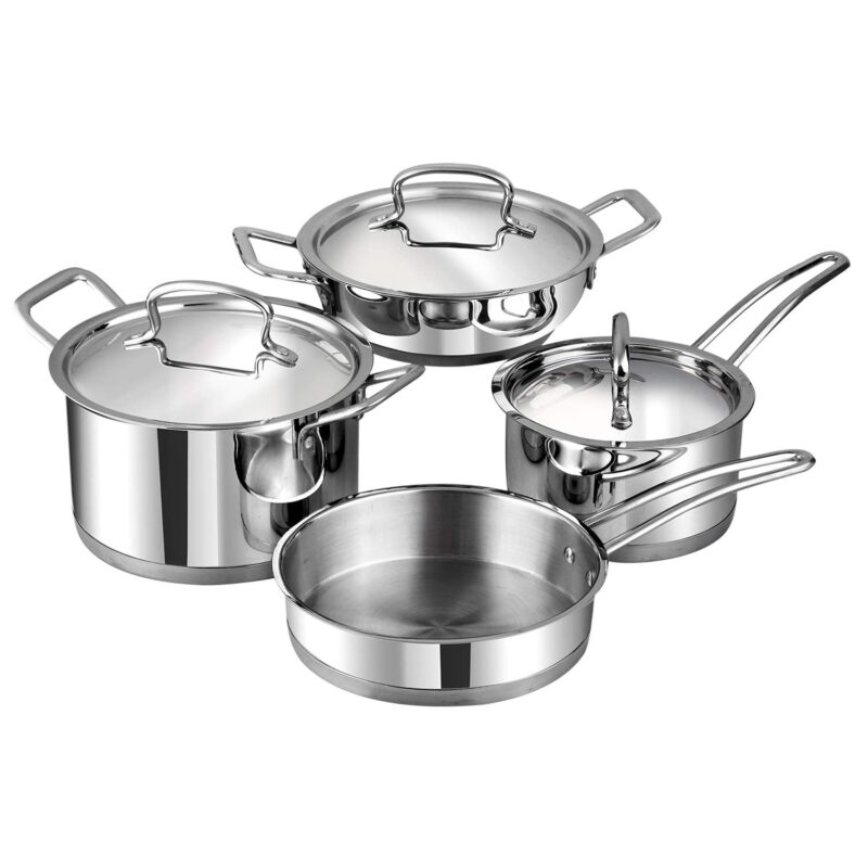 Vinod Cookware Classic Deluxe Stainless Steel Induction Friendly 4 Pcs. Set (16cm Saucepan with Lid, 18cm Sauce Pot with Lid, 20cm Kadai with Lid, 20cm Fry Pan Without Lid)