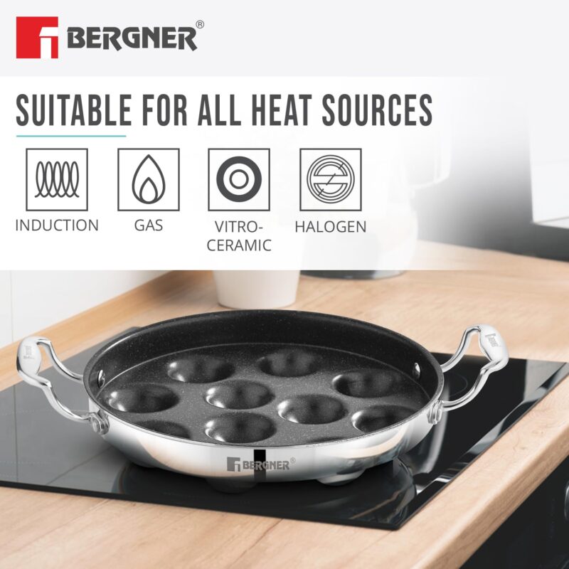 BERGNER Argent Samsara Triply Stainless Steel 11 Pits (25cm) Round Paniyarakkal with Glass Lid, Paniyaram with Quantanium Non-Stick Coating, Consumes Less Oil, Healthy Cooking - Induction Compatible - Image 3