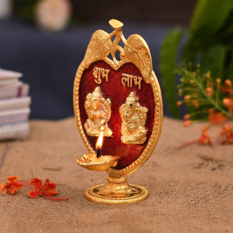 Collectible India Laxmi Ganesha Diya Idol Statue- Brass Gold Finish Diya Oil Lamp Ganesh Lakshmi Showpiece Shubh Labh Home Office Decor Pujan Puja Diwali Decoration (Golden) - Image 5