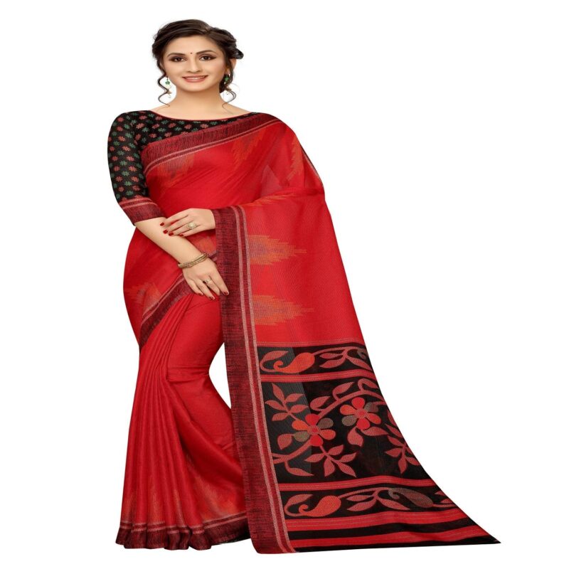 RAJESHWAR FASHION WITH RF Women's Soft Jute Printed Fancy Sarees For Women With Zari Border & Blouse(Red-Black_Free Size 6.30 Mtr)