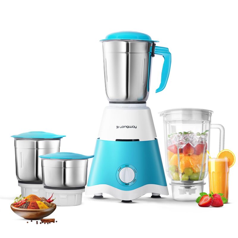 Longway Super Dlx 750 Watt Juicer Mixer Grinder with 4 Jars for Grinding, Mixing, Juicing with Powerful Motor | 1 Year Warranty | (White & Blue, 4 Jars)
