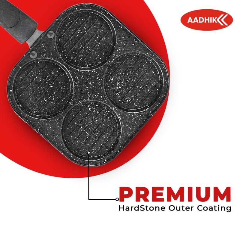 AADHIK Non-Stick Grill Pan Mini Pan Uttapam Tawa Aluminum Multi Snack Maker 4 Cavity, Pancake Maker (Black) - Image 4