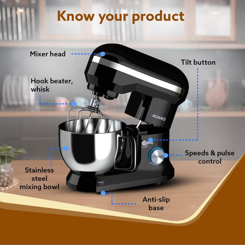 AGARO Royal Stand Mixer 1000W with 5L SS Bowl and 8 Speed Setting I Includes Whisking Cone, Mixing Beater & Dough Hook, and Splash Guard, 2 Years Warranty, (Black) - Image 5