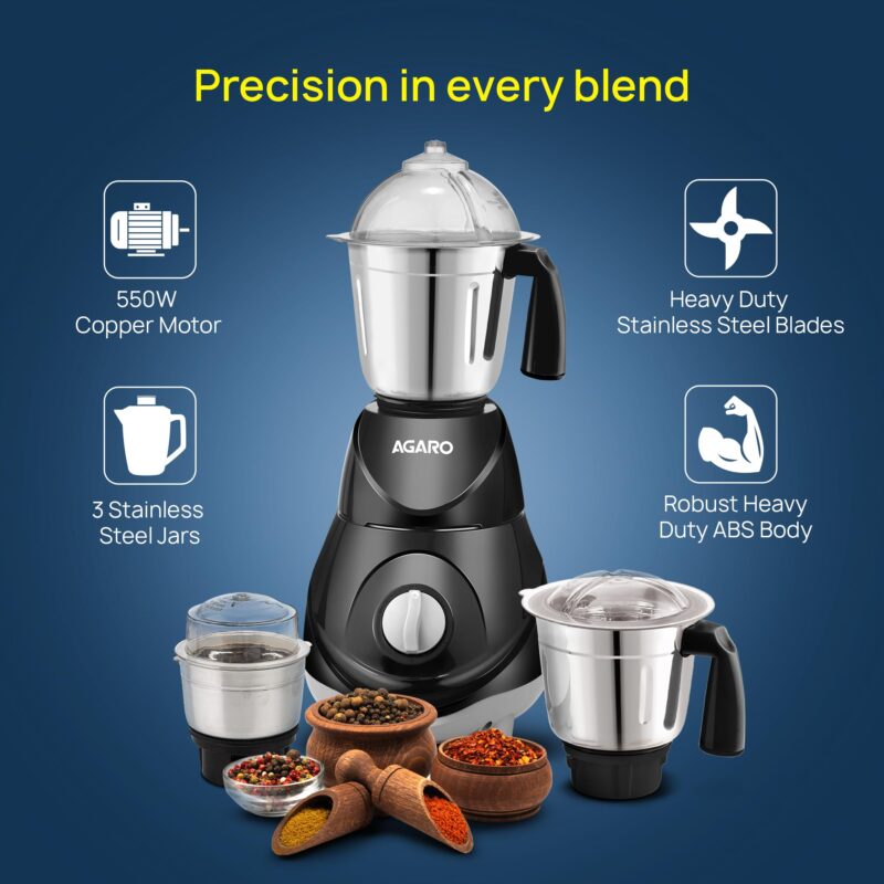AGARO Elite Mixer Grinder 550W, 100% Copper Motor, 3 Stainless Steel Jar, 3 Speed, Whip Function, Stainless Steel Blades, Wet & Dry Grinding, Black - Image 6