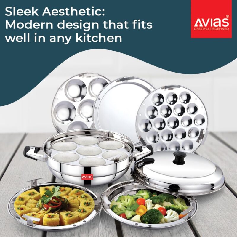 AVIAS All Rounder Premium Stainless Steel Induction Friendly Multipurpose Kadai, Kadhai Set with 6 Plates (1 Mini Idly Plate, 2 Big Idli Plates-14 Idlies, 2 Dhokla Plates, 1 Steamer Plate) - Image 3